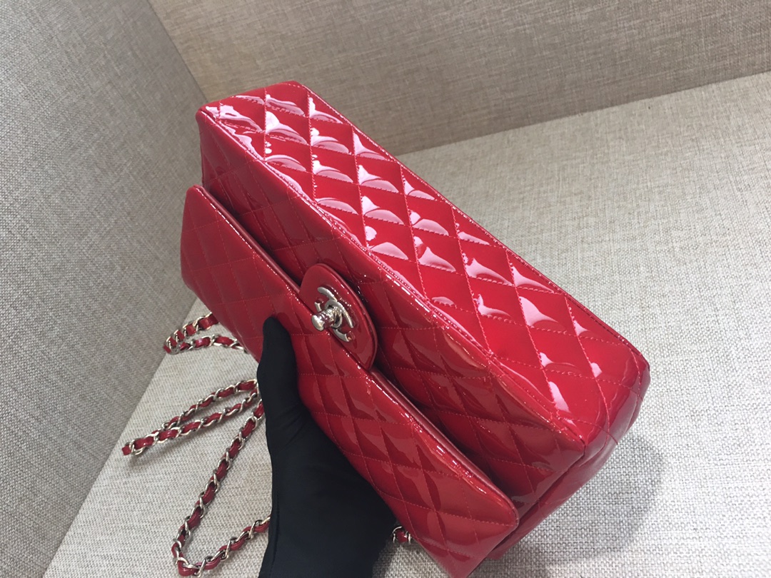 Medium Classic Flap Patent Leather Bag AO1112 Red/Silver